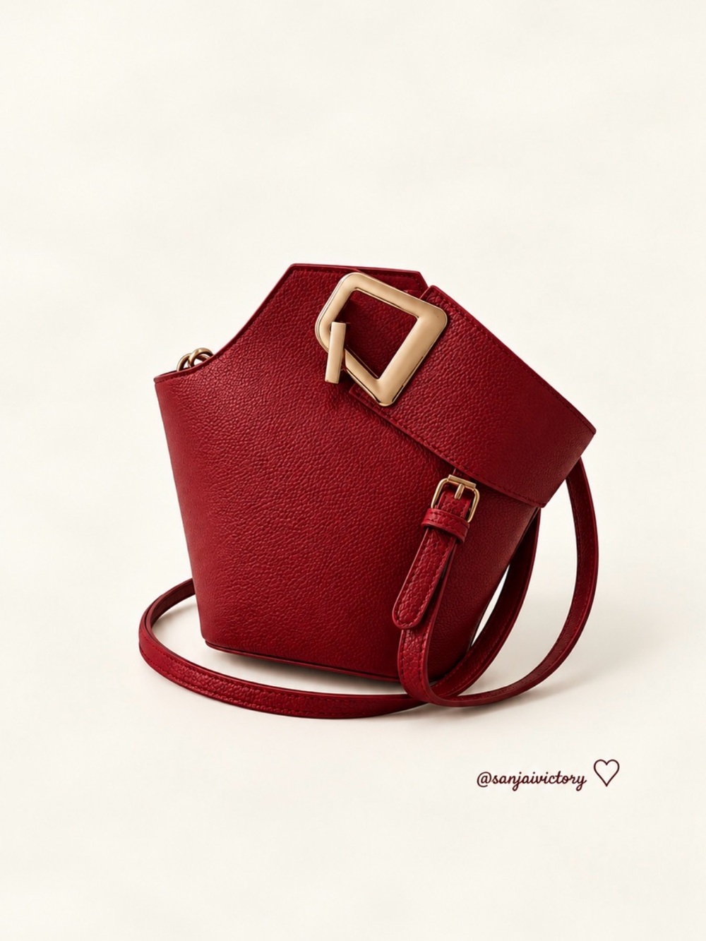 Red Leather like Crossbody Bag with Gold Buckle